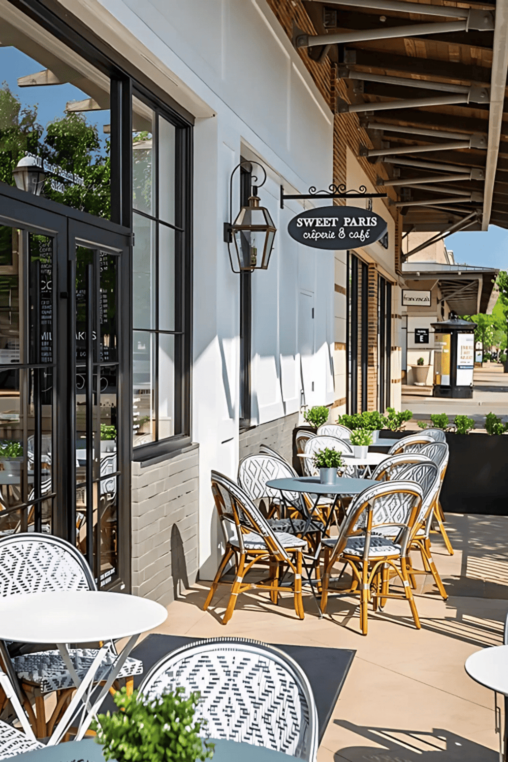 Charming outdoor cafe seating at Sweet Paris bakery and cafe, with fresh greenery and stylish furniture.