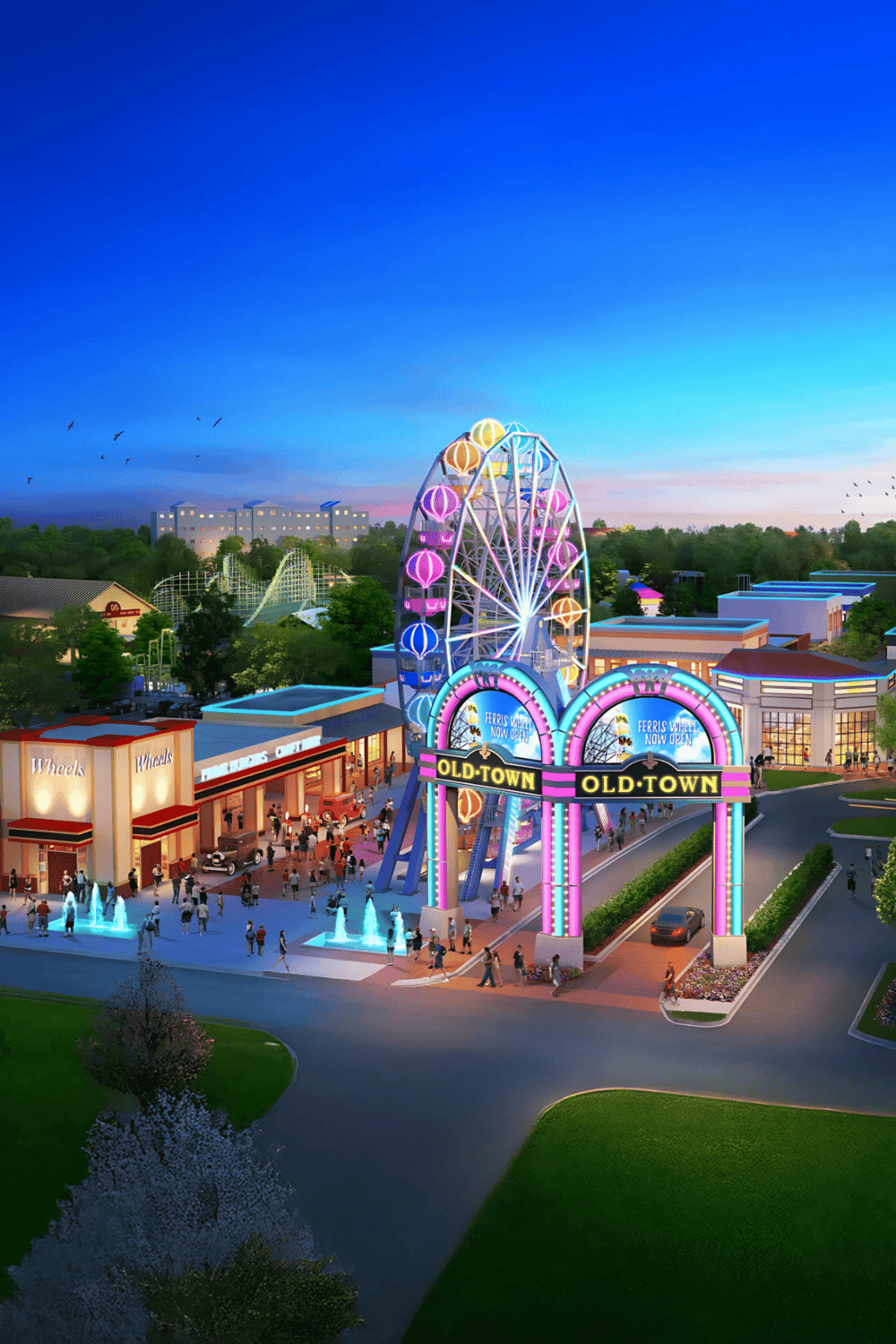 Colorful Ferris wheel at Old Town amusement park, vibrant evening scene, family-friendly entertainment, attraction for all ages.