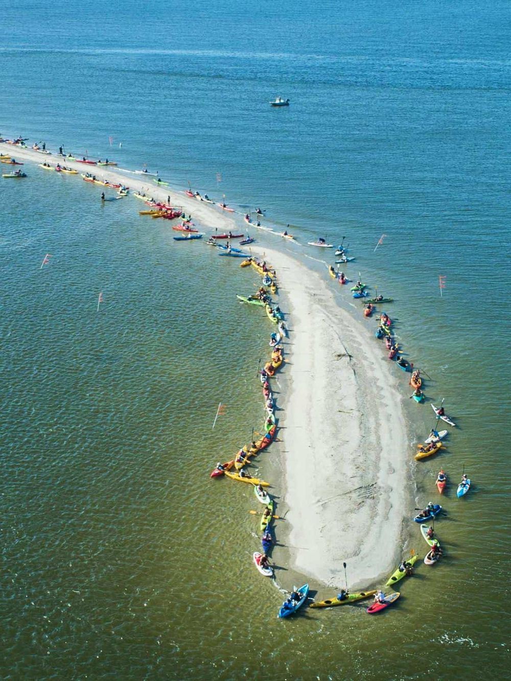 Colorful kayak boats lined up along a curved sandbar in a calm blue ocean.