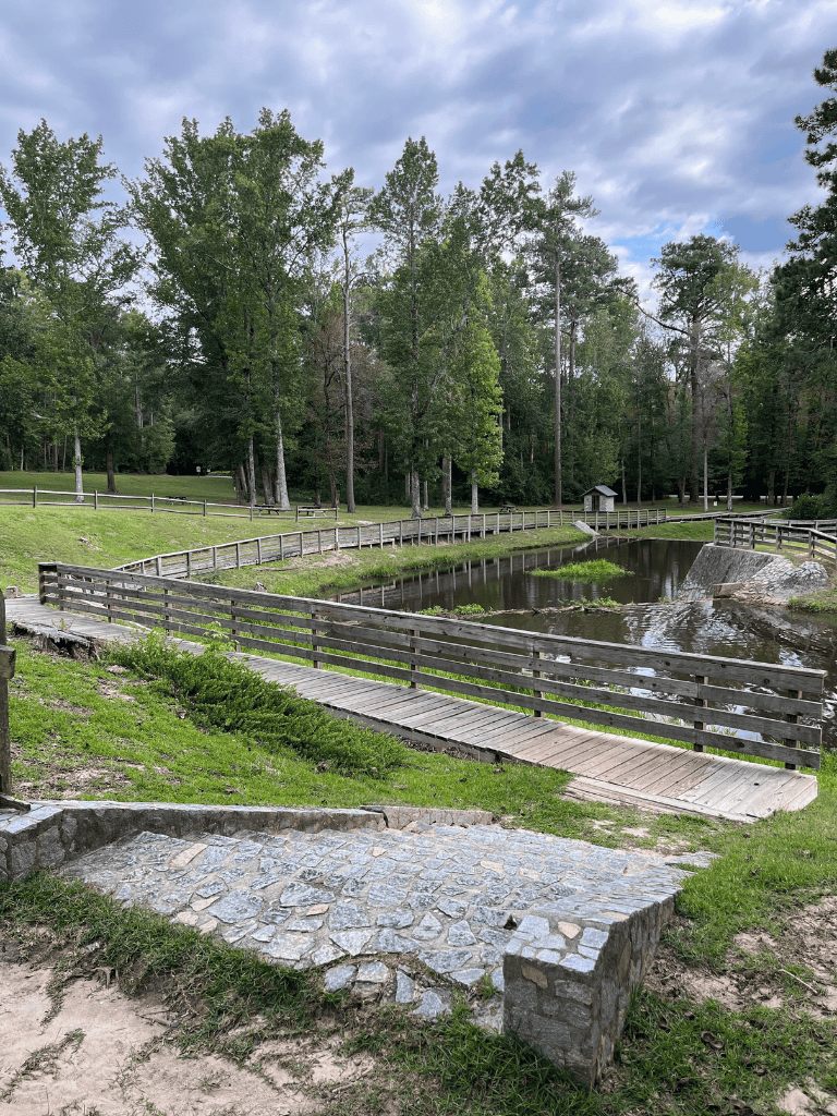 Serene park with wooden bridges, pond, and lush greenery, perfect for outdoor exploration and relaxation.