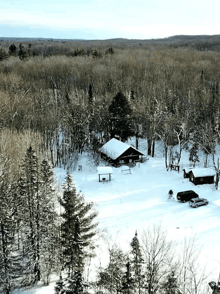 Snow-covered forest cabin in winter landscape with cars and trees.