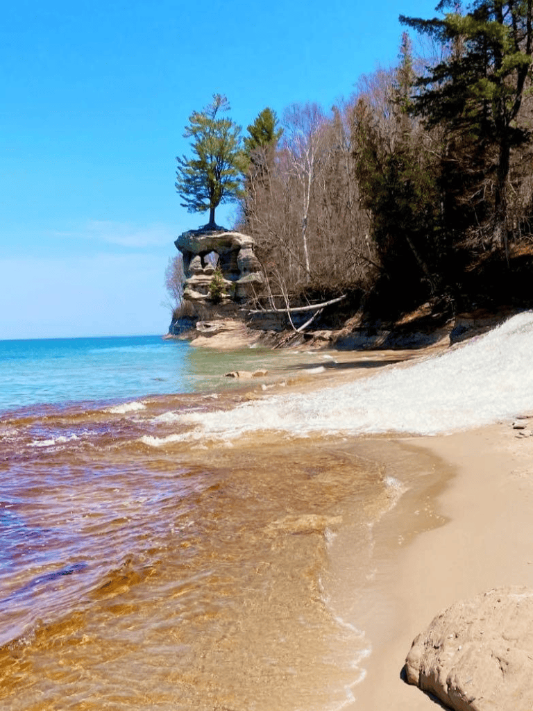 Secluded beach with unique rock formations and lush trees under a clear blue sky.