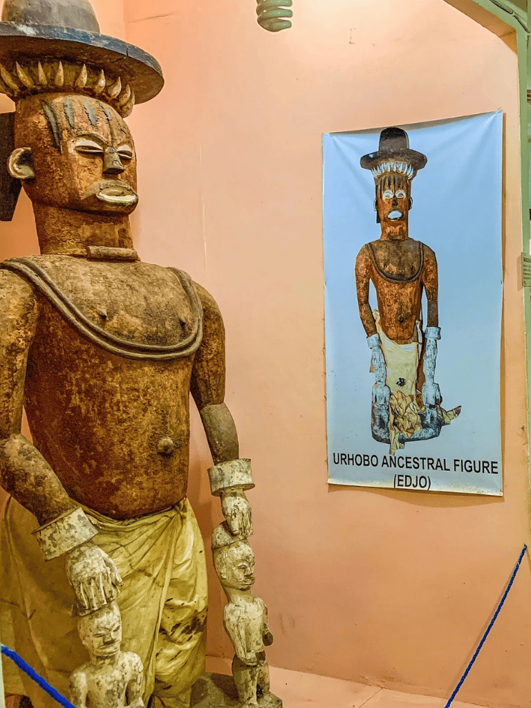 Ancient Urhobo ancestral figure exhibit at Quest For Directions museum in Nigeria.