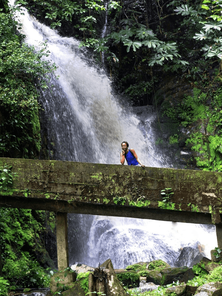 Vibrant waterfall scene with a person enjoying nature in lush greenery and flowing water.