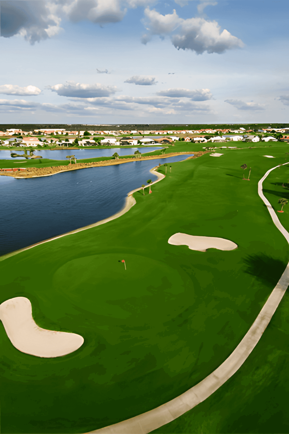 Luxurious golf course with water hazards and lush green fairways near residential community.