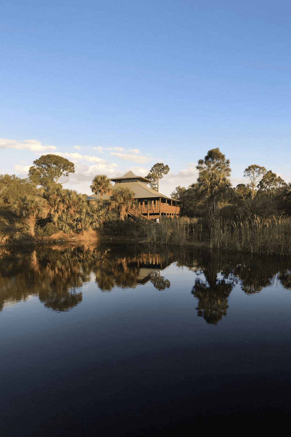 Serene nature spot with a wooden house by water, lush greenery, and blue sky, perfect for outdoor exploration.