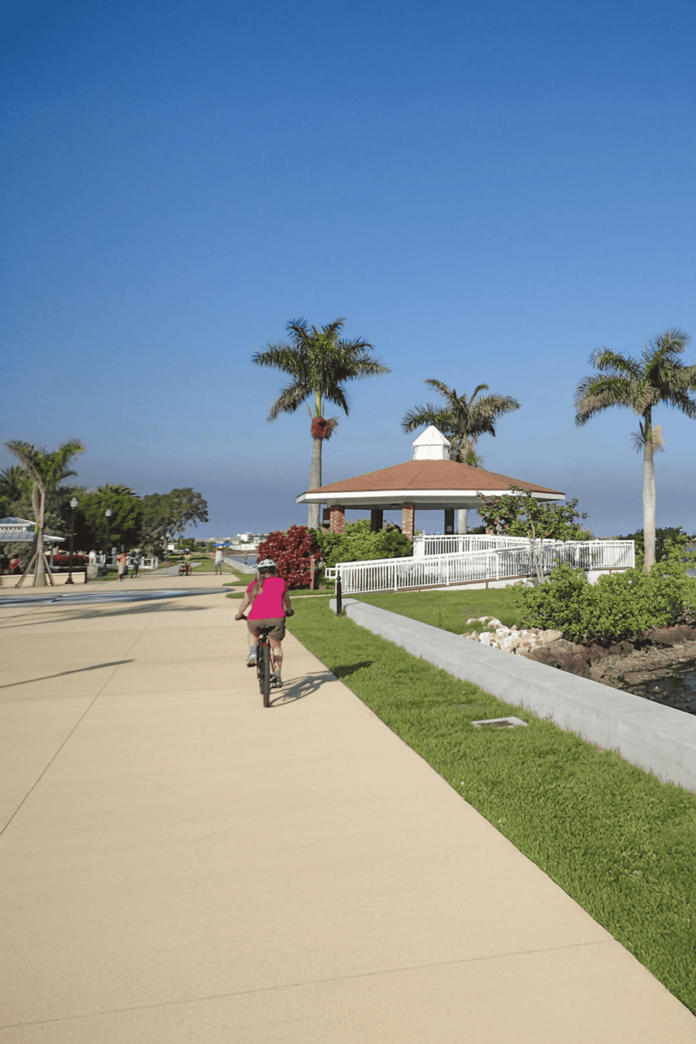Bicycle rider on a scenic coastal pathway with palm trees and gazebo, perfect for outdoor recreation and leisure.