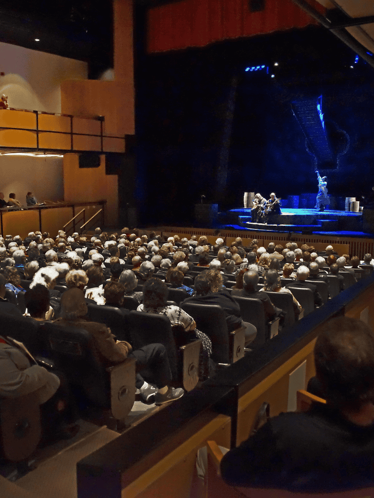 Enclosed theater with an audience watching a live stage performance or concert.