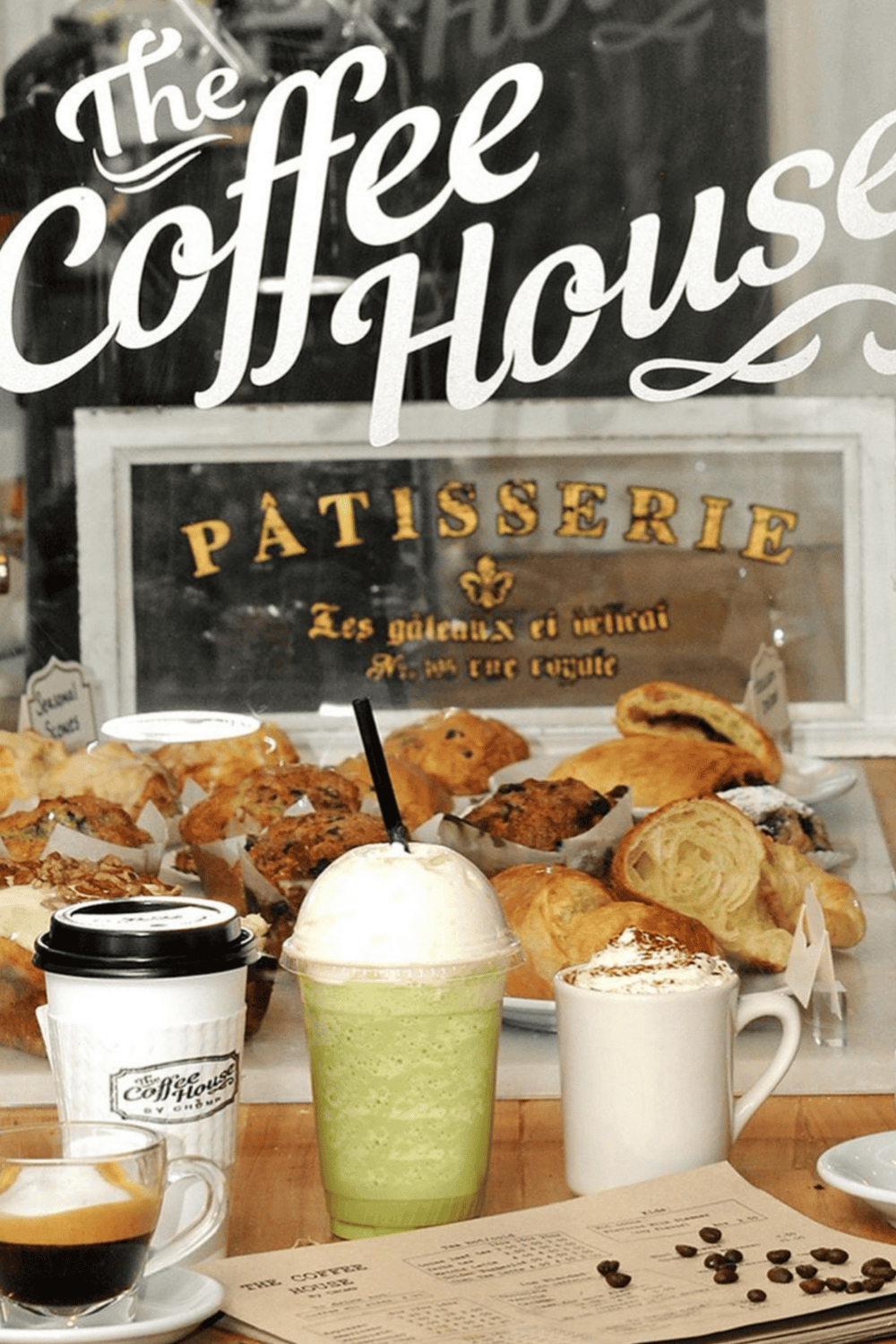 Freshly baked pastries at The Coffee House with coffee and beverages, ideal for cozy cafes and bakeries SEO.