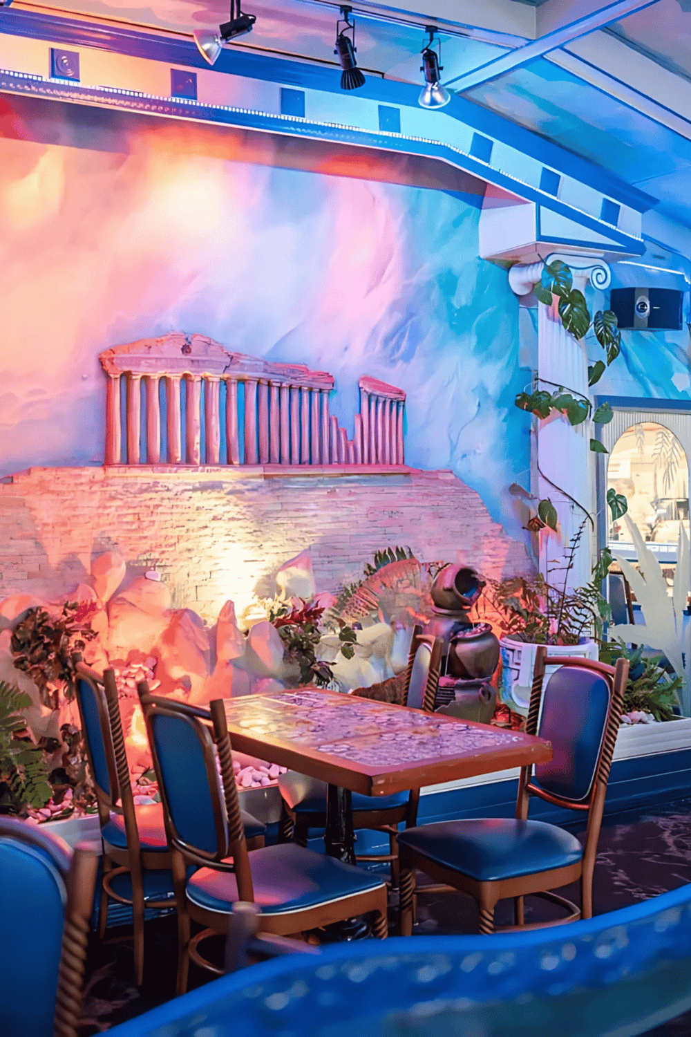 Wall art depicting ancient Greek ruins with vibrant lighting, perfect for immersive dining experiences.