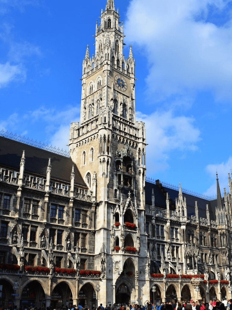 Old Town Hall Tower in Munich Germany, Gothic architecture, iconic landmark and tourist attraction.