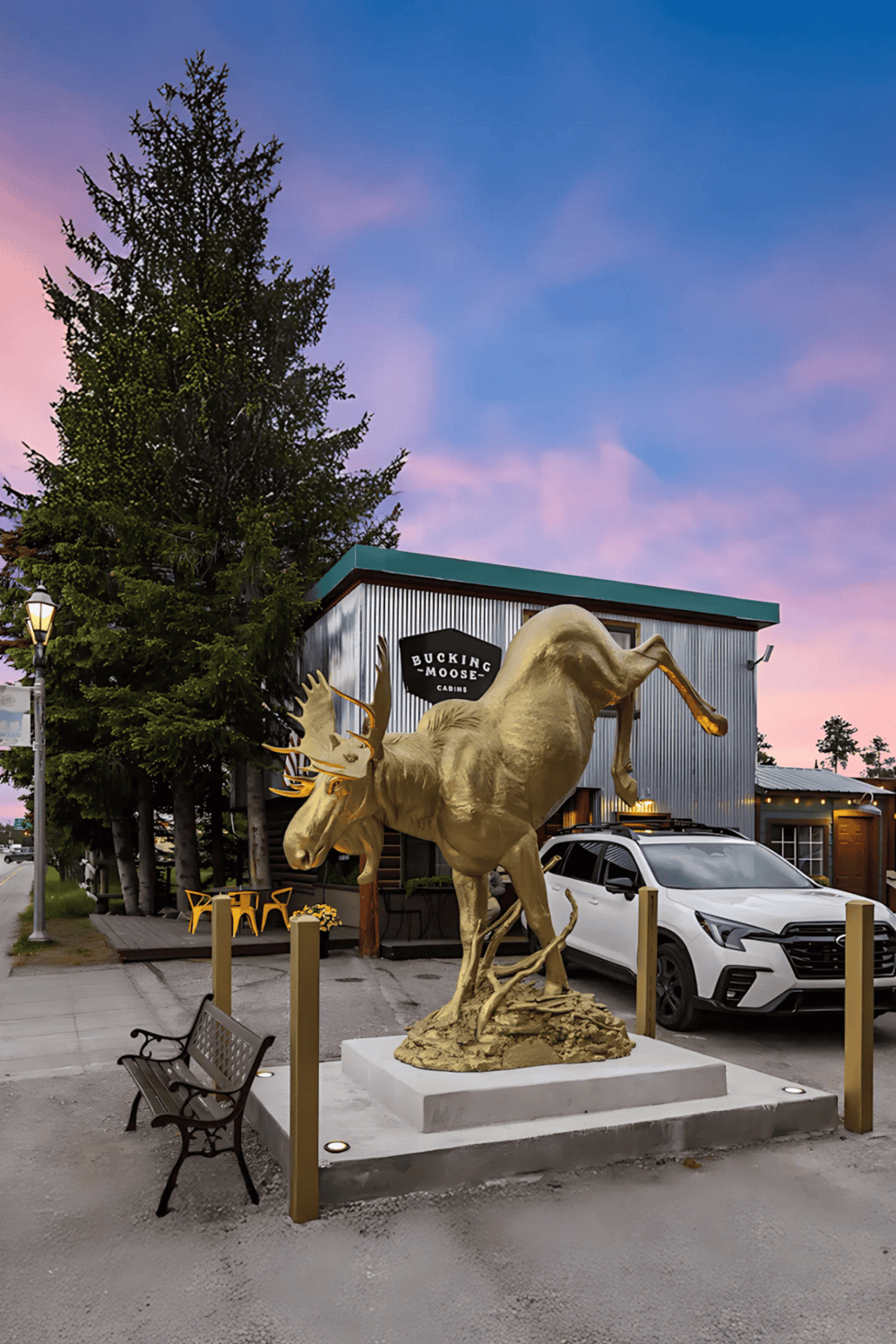 Majestic elk sculpture outside Bucking Moose restaurant at sunset, inviting guests with unique outdoor decor.