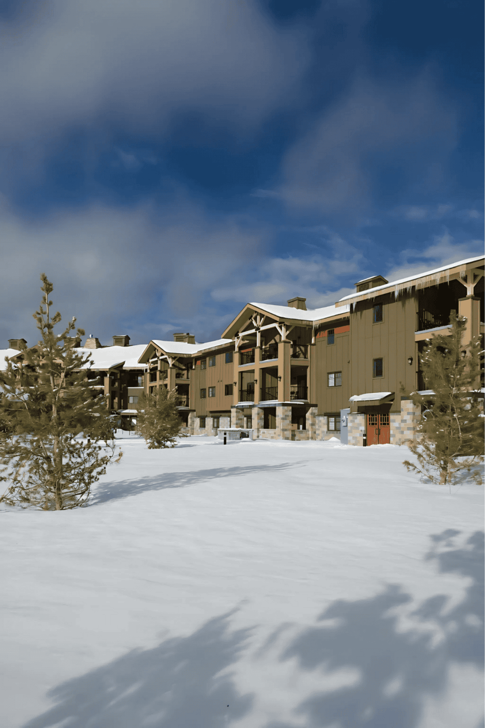 Winter resort accommodations with snow-covered landscape and modern architecture.