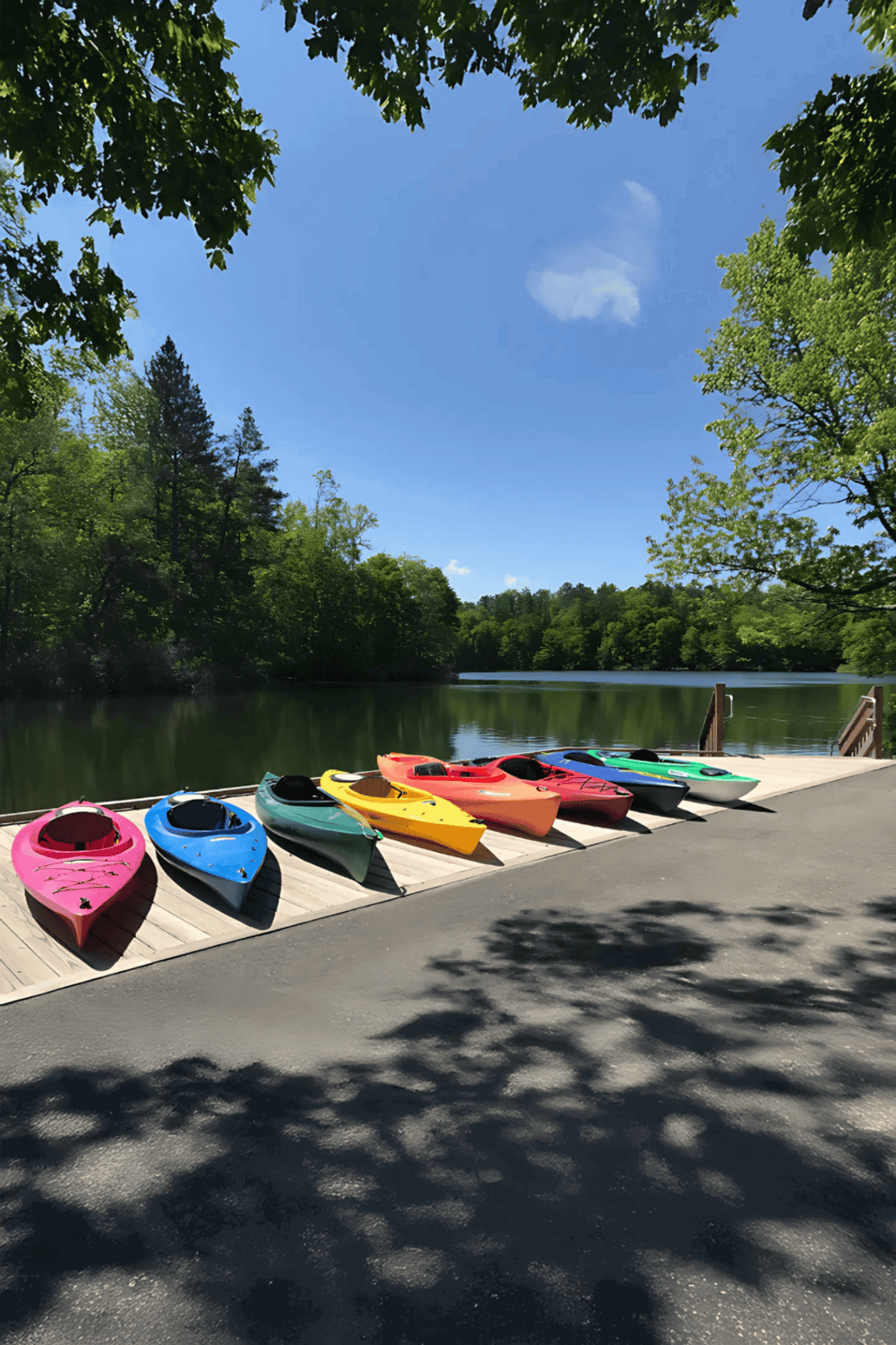 Colorful kayaks lined up by a serene river under a bright blue sky with lush trees.
