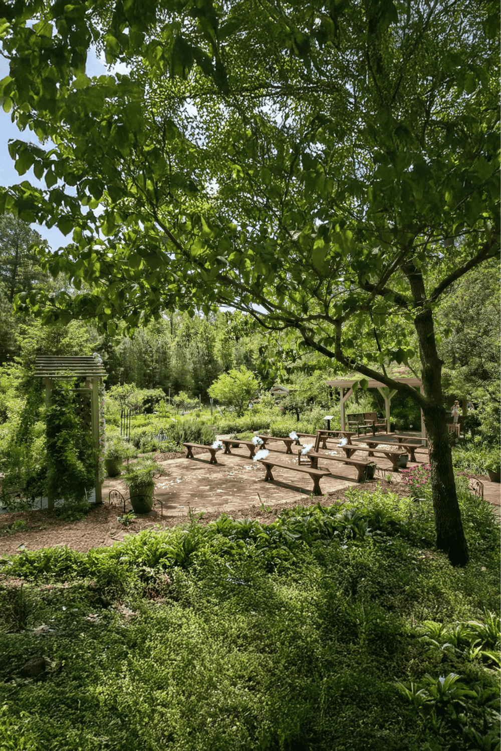 Lush garden with outdoor seating and shaded area, perfect for nature walks and relaxation.