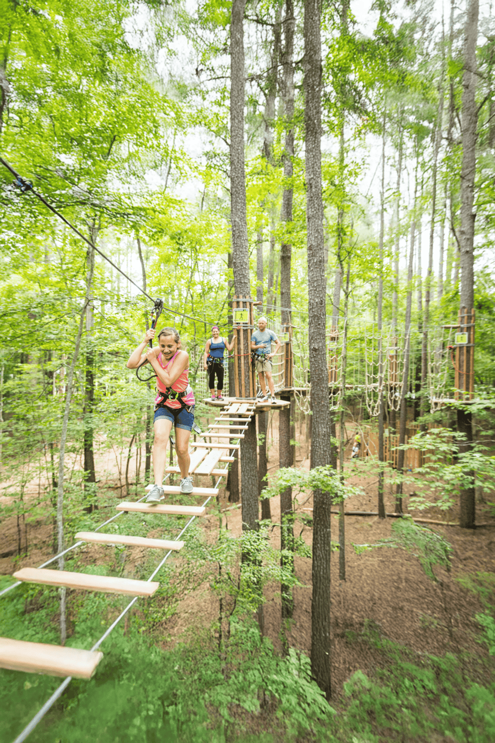 Adventure zip line obstacle course in lush green forest, perfect for outdoor fun and family activities.