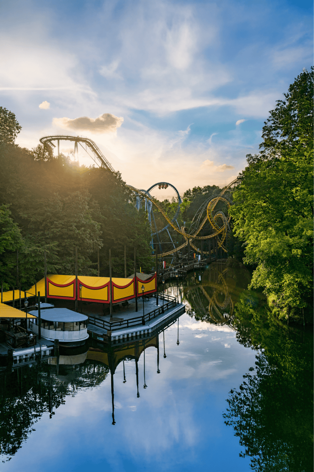 Thrilling roller coaster rides at QuestForDirections amusement park surrounded by lush greenery.