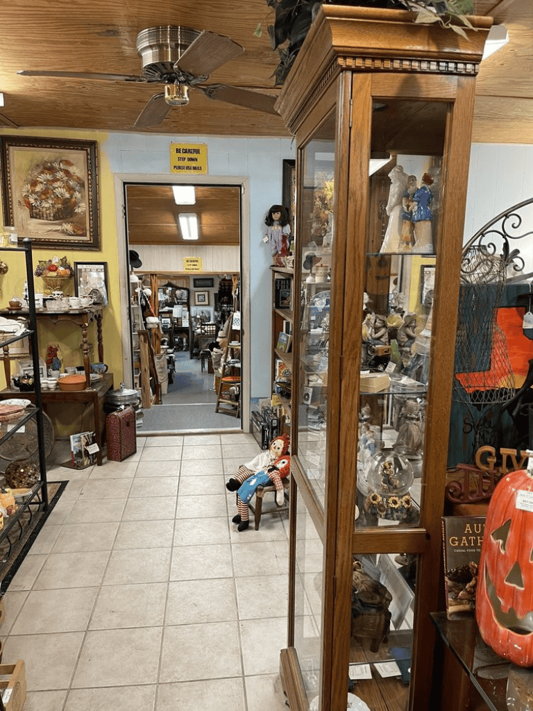 Antique shop interior with collectibles, dolls, and decorative items in a cozy vintage store.