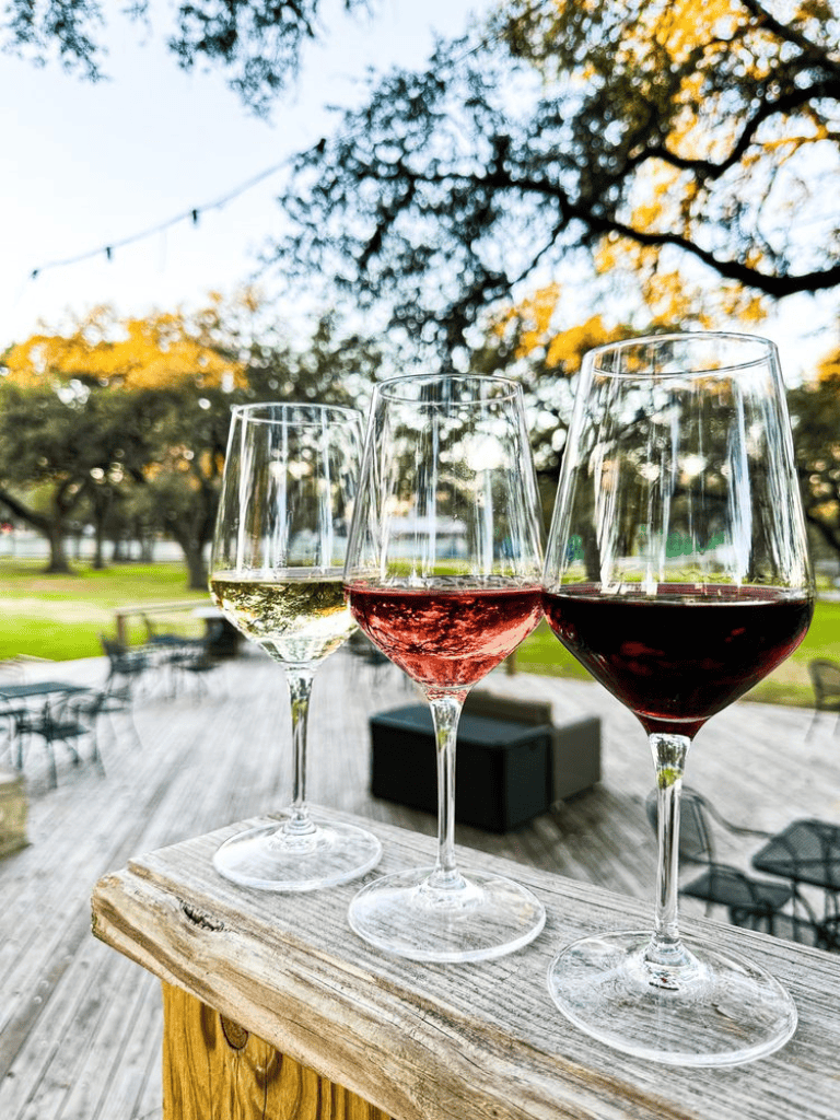 Elegant wine glasses with red, white, and rosé wine on rustic outdoor patio, perfect for wine tasting events.