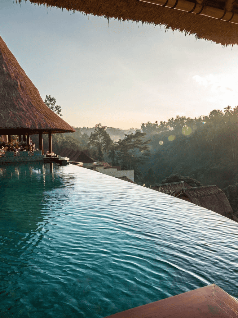 Serene infinity pool at a hillside resort with lush jungle views and sunset scenery.
