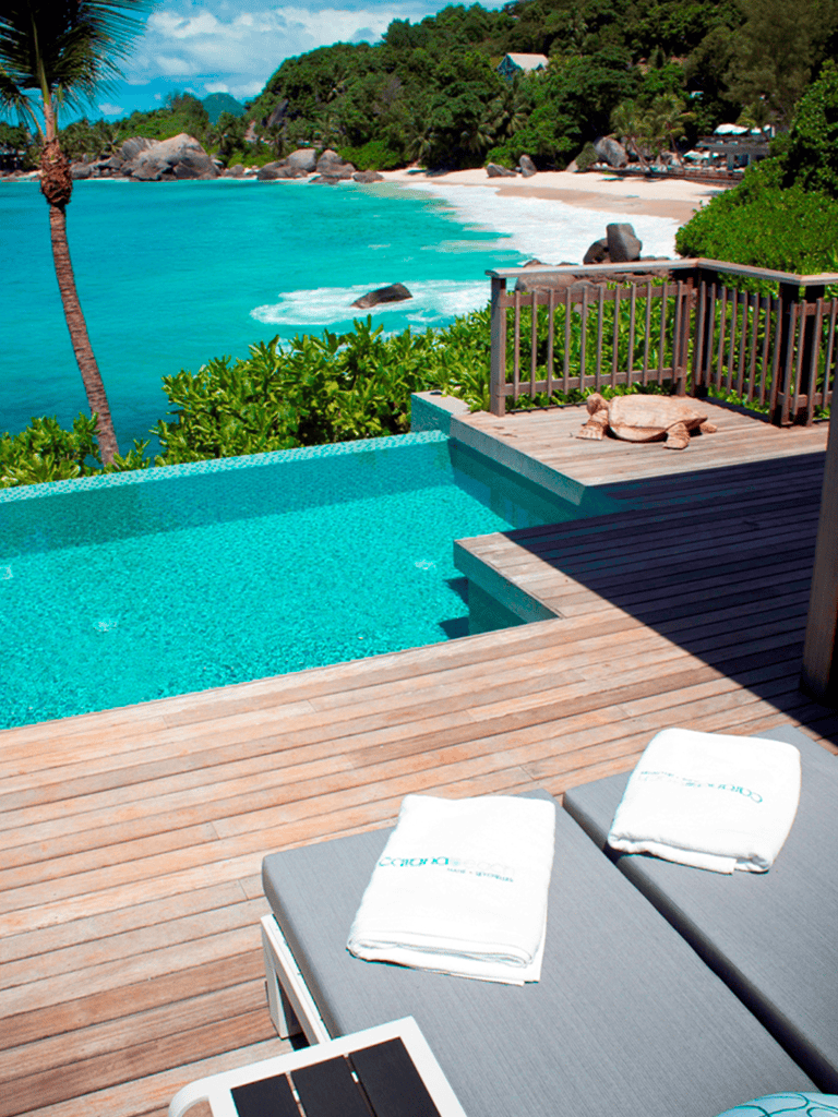 Relaxing beachfront pool with ocean view and tropical surroundings in paradise.