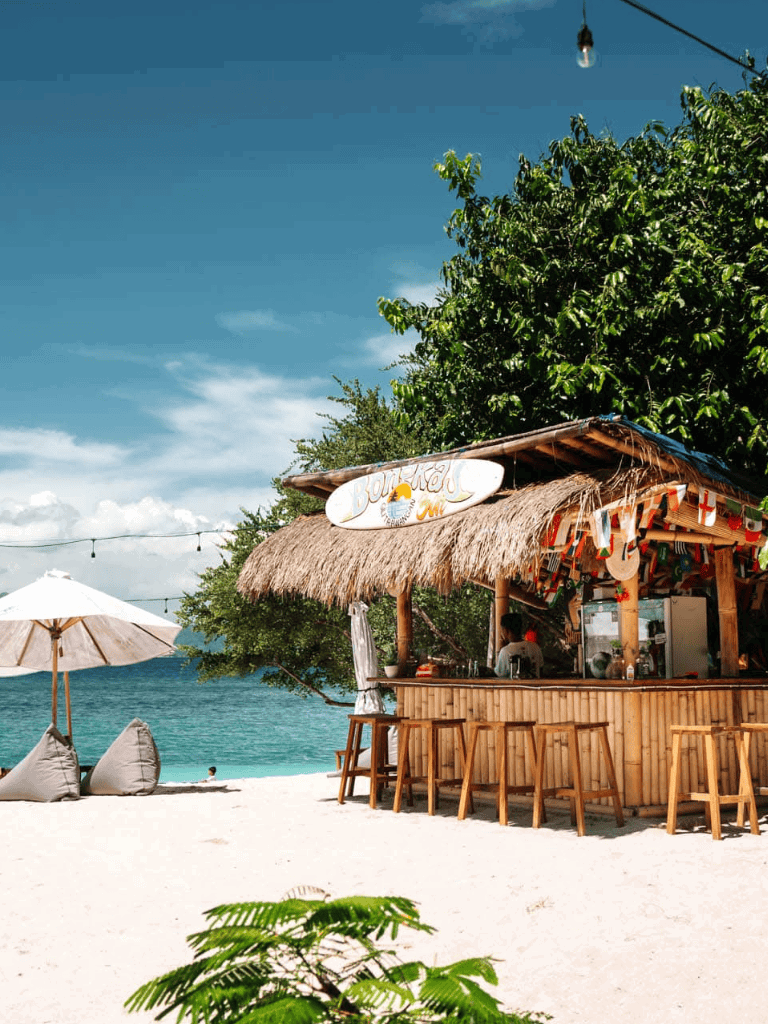 Beachside bar with thatched roof at tropical destination, ocean view, and relaxing seating ambiance.