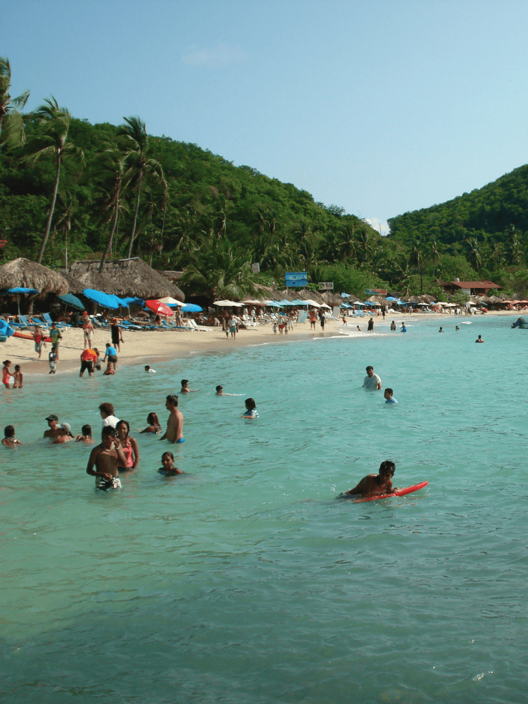 1. Tropical beach with clear water, palm trees, and sunny sky, popular vacation destination.