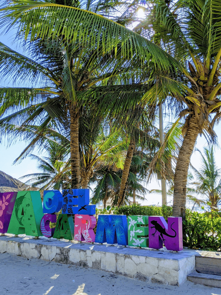 Colorful "CANCUN" sign with tropical palm trees and beach scenery in the background.