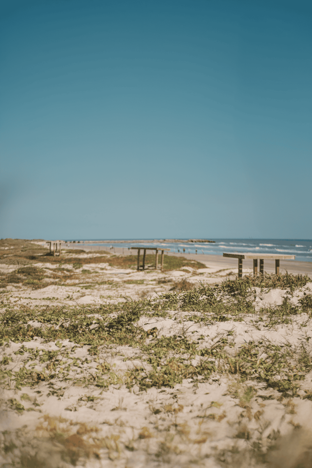 Seaside beach with sandy shore, grassy patches, and wooden beach benches under a clear blue sky.
