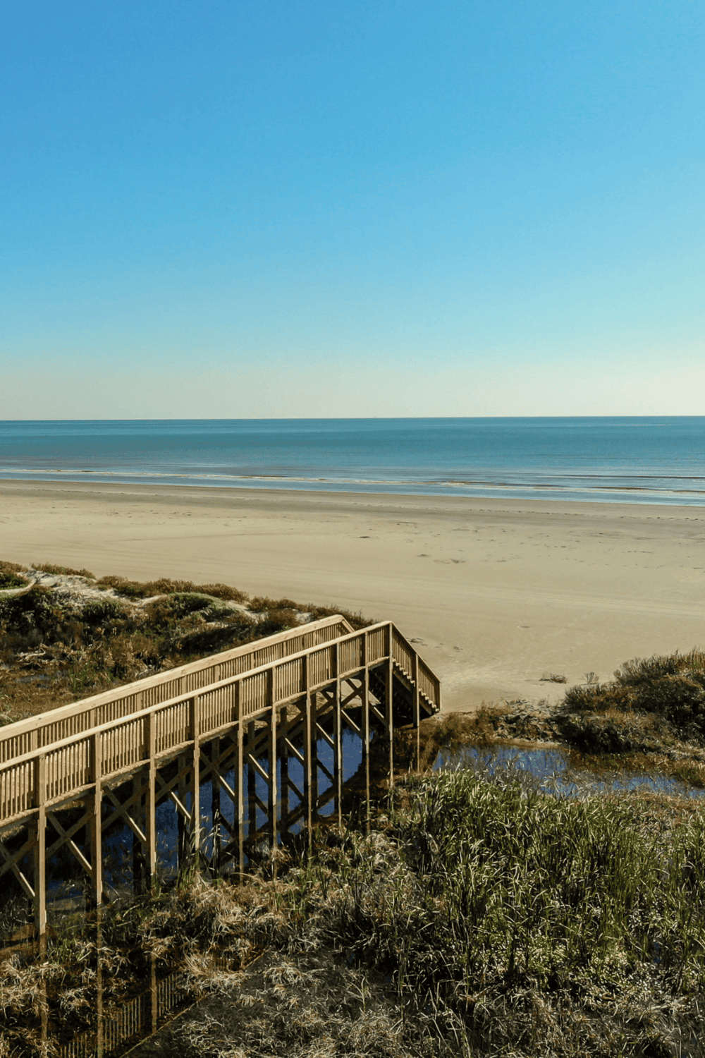 Seaside wooden walkway leading to the beach with clear blue sky and ocean in the background.