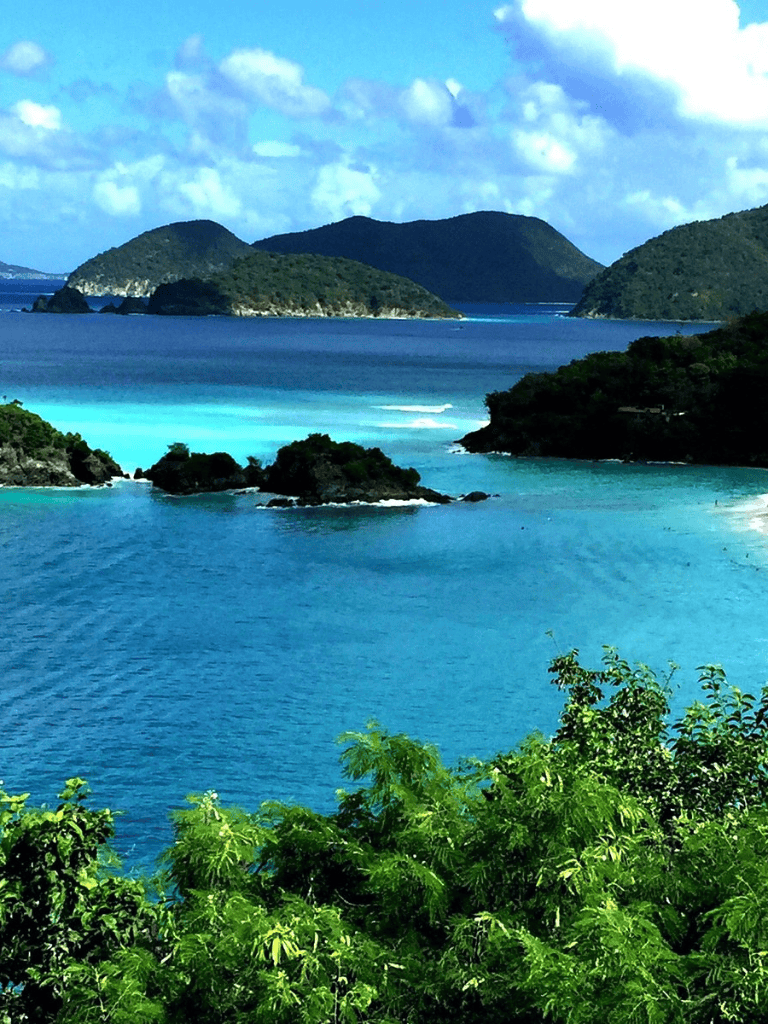 Vibrant tropical island scenery with turquoise waters and lush greenery.