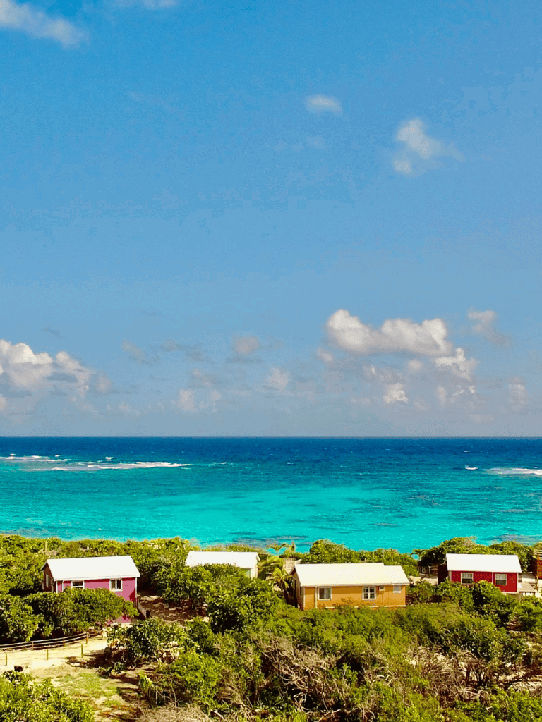 Sea view with colorful cottages and turquoise ocean under blue sky.
