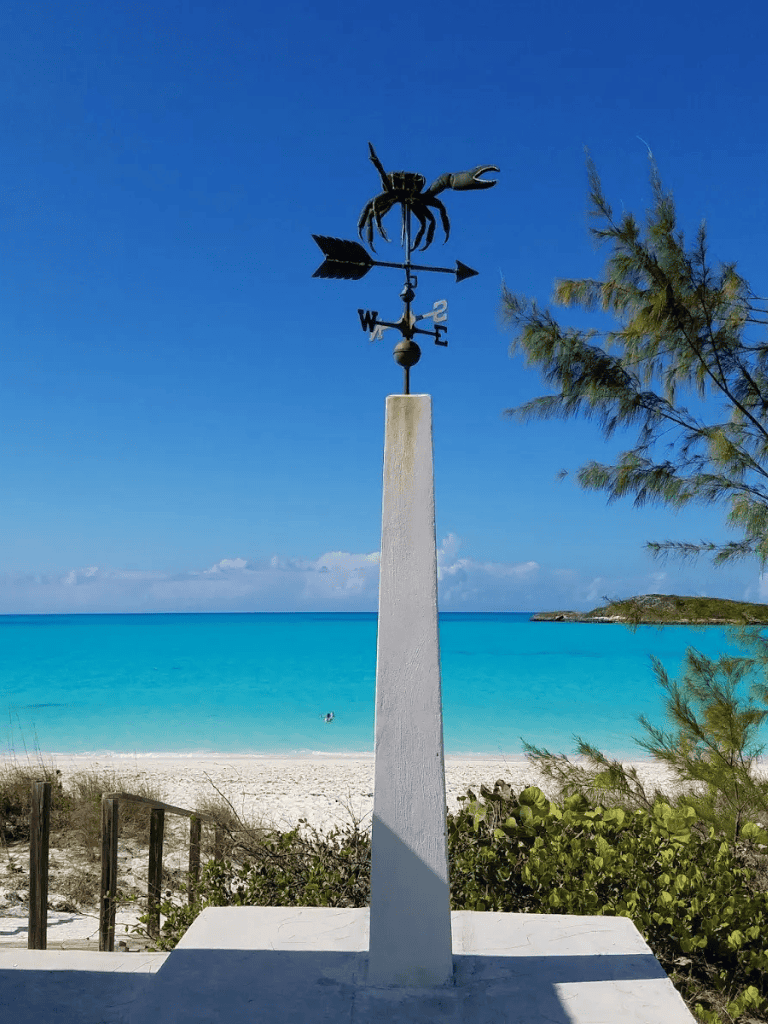 Seashell weather vane on beach with ocean and blue sky, scenic coastal view.