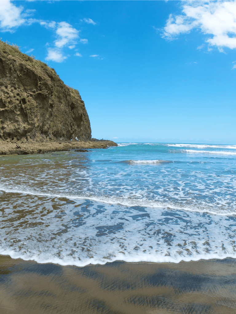 Ocean beach with cliffs, clear blue sky, and gentle waves – perfect for seaside adventures.