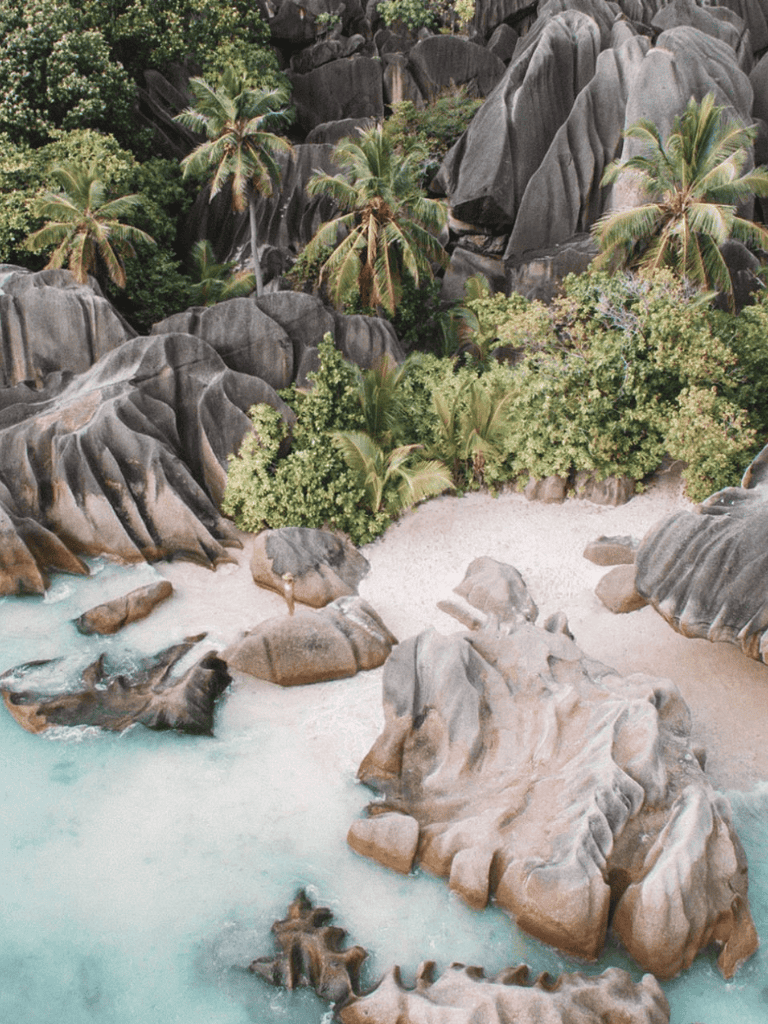 Serene tropical beach with palm trees and rocky formations, ideal for scenic travel and vacation destinations.