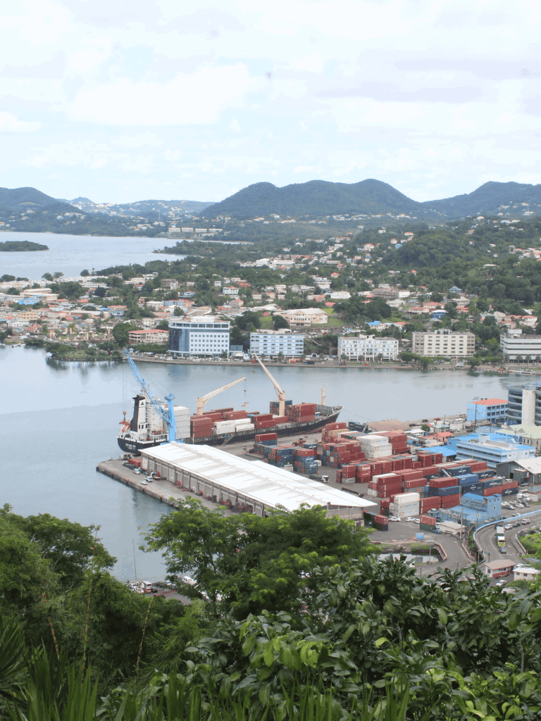 Dockyard with shipping containers in a tropical port city, scenic overlooking downtown area.