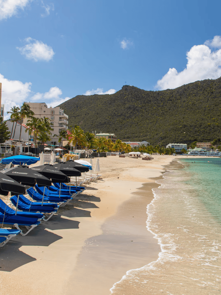 Relaxing beachfront at QuestForDirections destination with sunbeds and beach umbrellas.