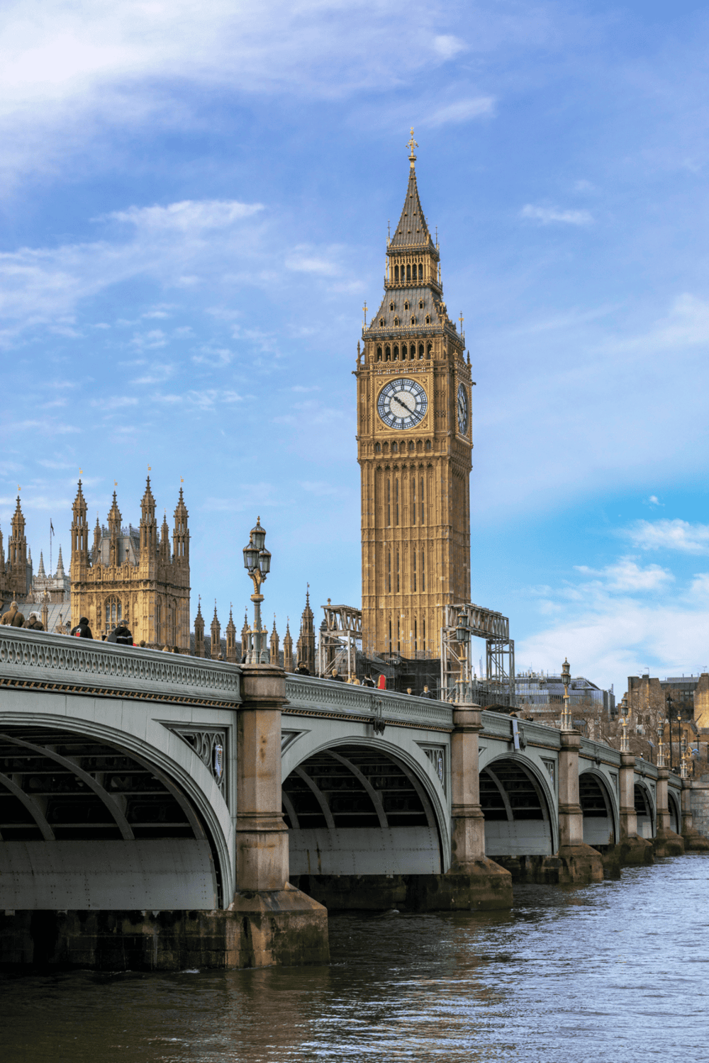 London Big Ben clock tower and Westminster Bridge over River Thames, iconic UK landmark.