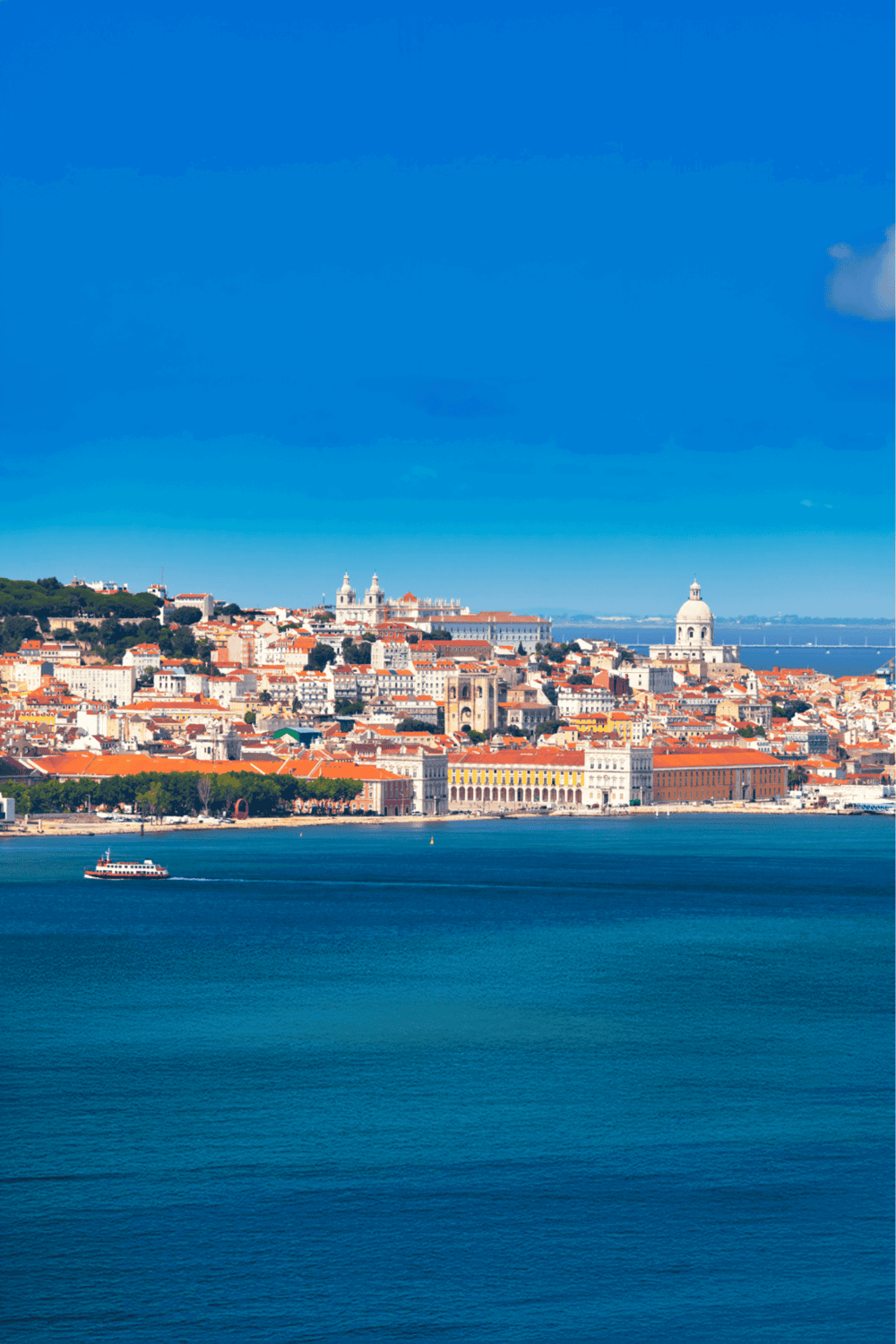 Scenic view of Lisbon, Portugal with historic buildings and the Tagus River under a clear blue sky.