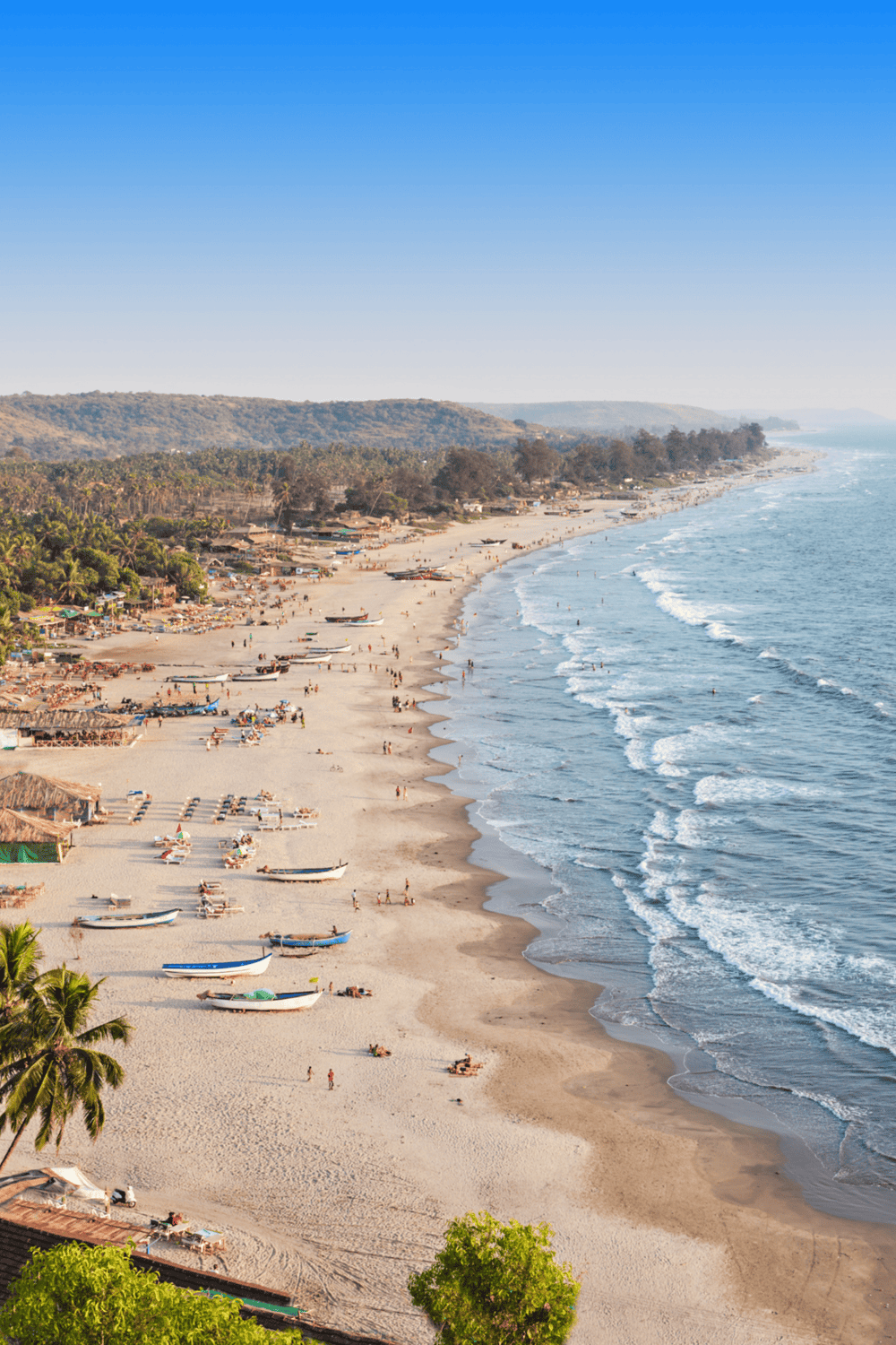 Vast tropical beach with clear waters, palm trees, and boats, perfect for relaxation and seaside activities.