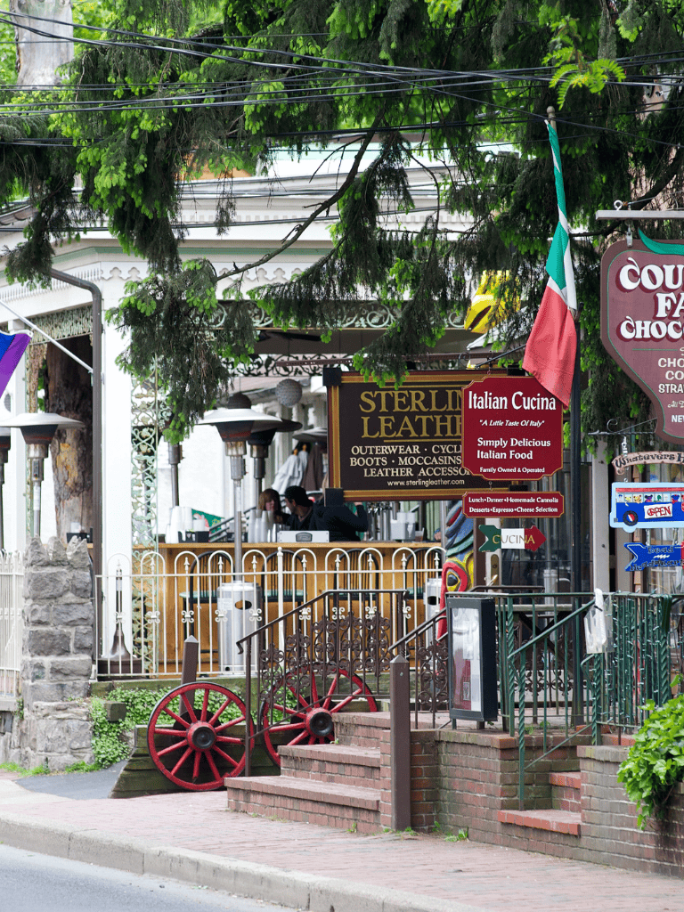 Authentic Italian restaurant with outdoor seating and classic decor on a bustling street scene.