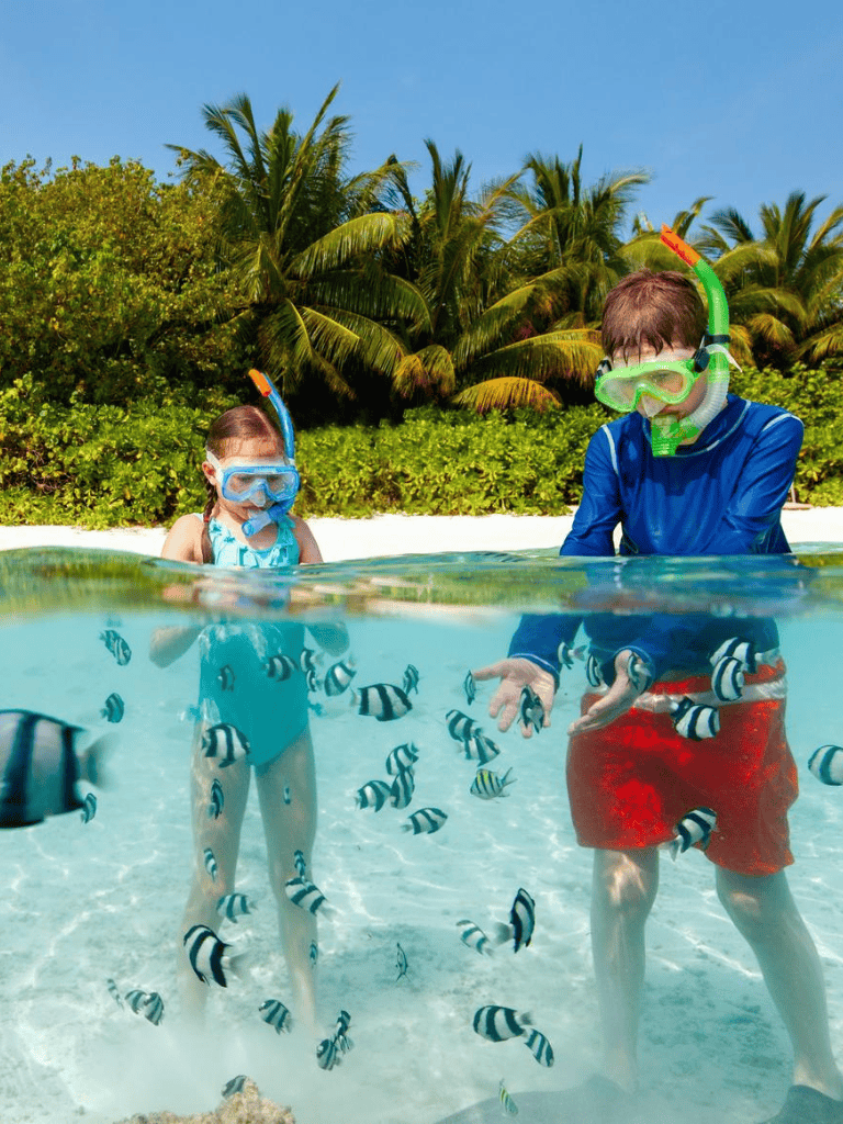 Colorful snorkeling kids and fish on tropical beach paradise, family adventure, kid-friendly water activity, vacation fun with QuestForDirections.