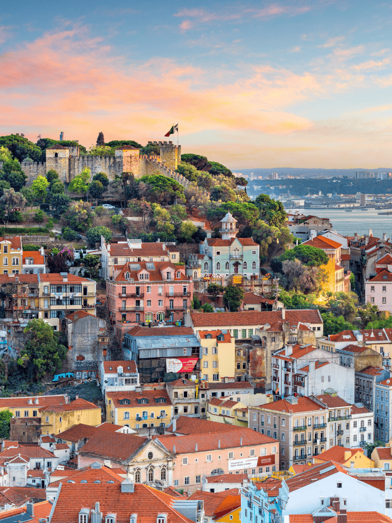 Porto cityscape with Clérigos Tower and Douro River at sunset, Portugal travel destination, colorful historic buildings, scenic city views.