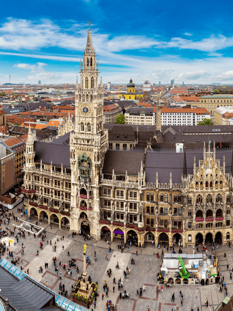Intricate Gothic architecture of Munich City Hall in Marienplatz, Bavaria, Germany.