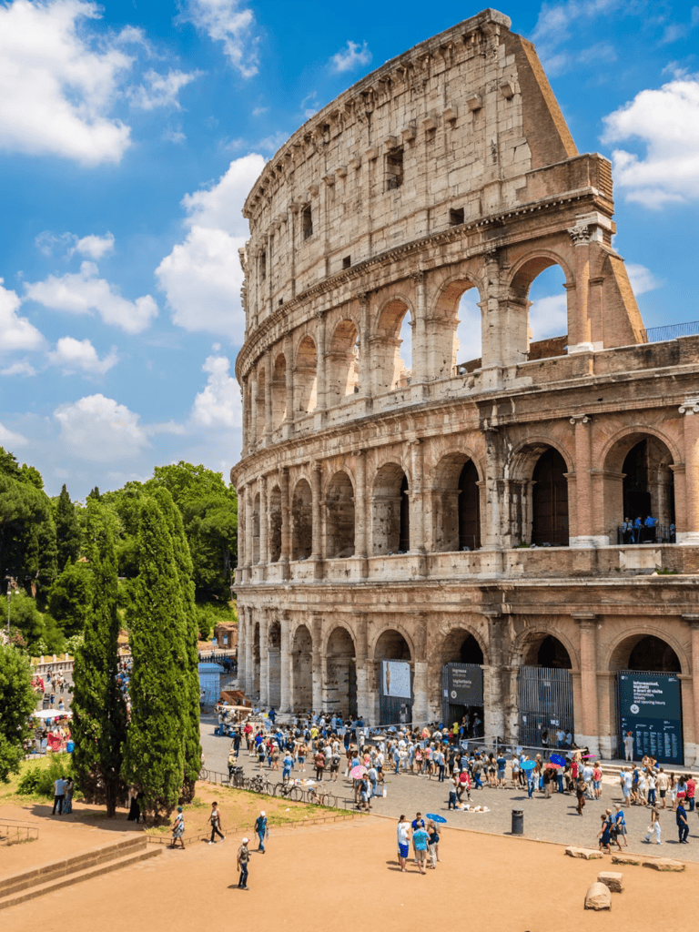 Ancient Roman Colosseum in Rome, Italy, popular tourist attraction and historical site.
