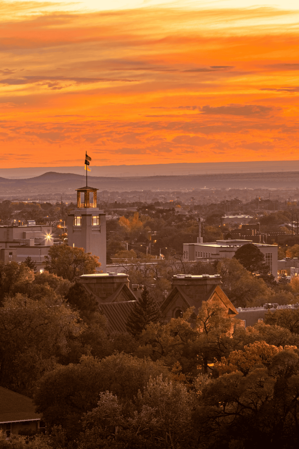 Bright sunset over city skyline with iconic tower and lush trees, highlighting local landmarks and scenic views.