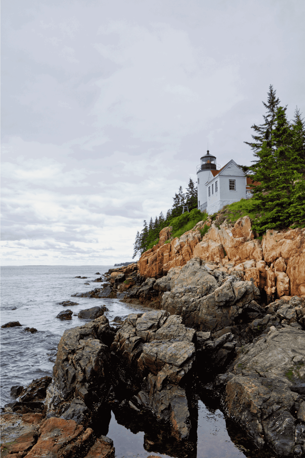 Lighthouse on rocky coast with ocean and cloudy sky, scenic maritime navigation landmark.