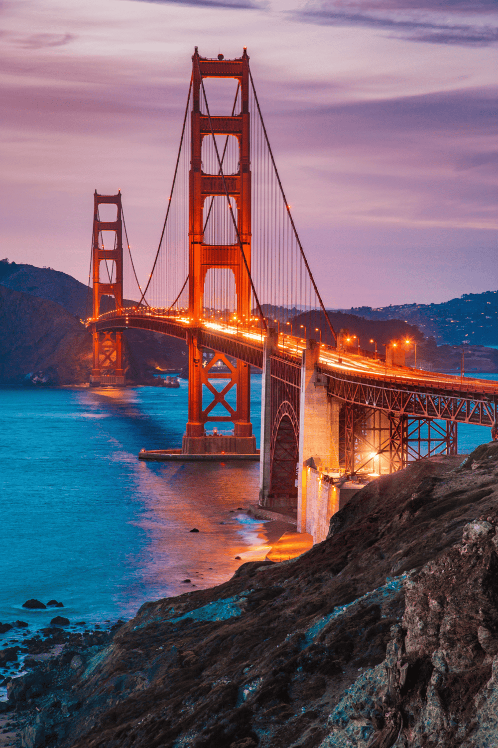 Golden Gate Bridge at sunset, iconic San Francisco landmark, scenic views, travel destination, QuestForDirections.