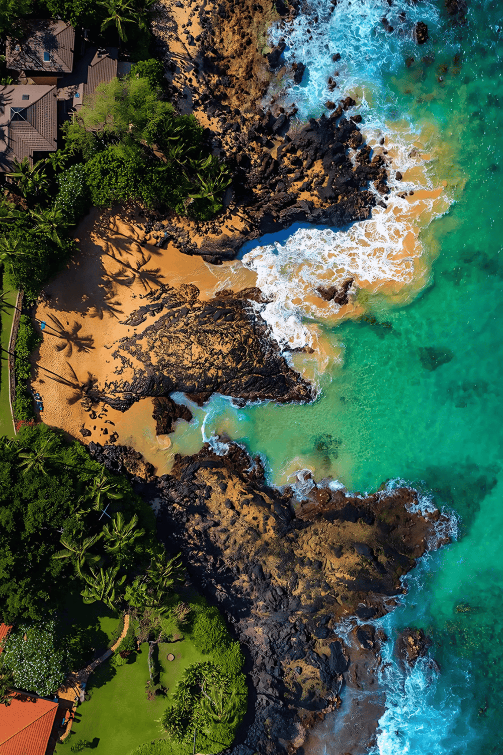1. Aerial view of tropical beach with rocky shoreline, turquoise waters, and lush palm trees.