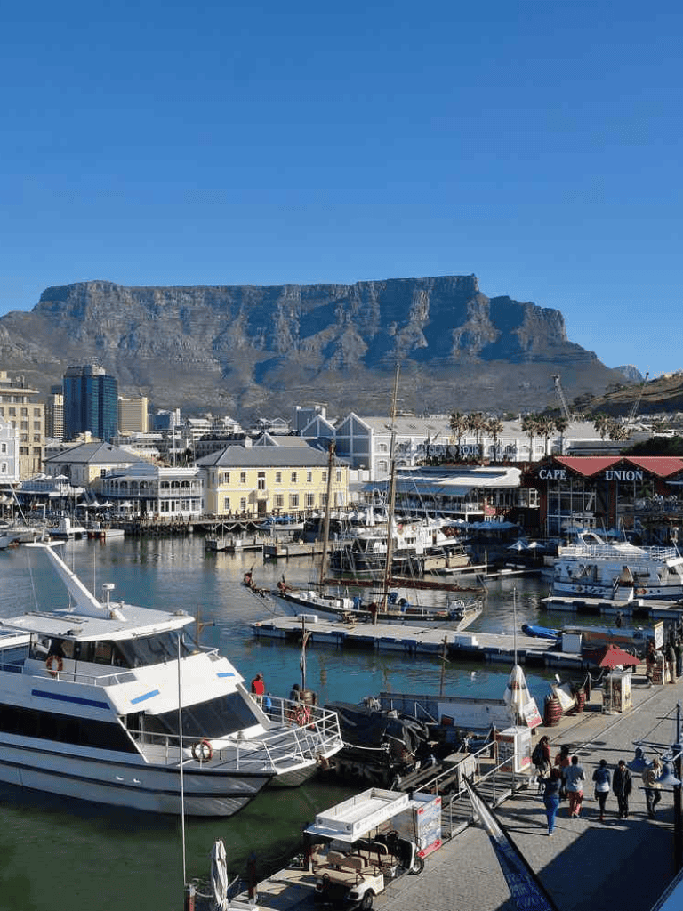 Vibrant Cape Town harbor with boat docks and Table Mountain view in the background.